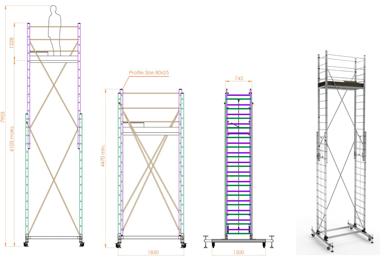 Schela mobila aluminiu telescopica 2x4(m), inaltime lucru 8 metri, o platforma 1,6x0,6(m), max 200kg/mp - CNO-SME-MEGA8