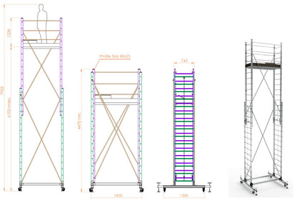 Schela mobila aluminiu telescopica 2x4(m), inaltime lucru 8 metri, o platforma 1,6x0,6(m), max 200kg/mp - CNO-SME-MEGA8