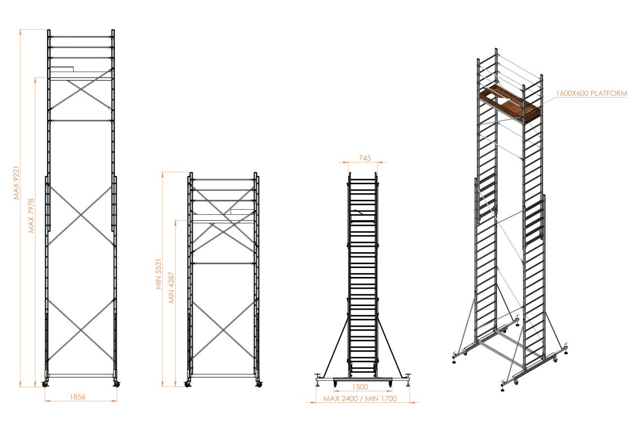 Schela mobila aluminiu telescopica 2x5(m), inaltime lucru 10 metri, o platforma 1,6x0,6(m), max 200kg/mp - CNO-SME-MEGA10