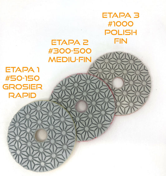 SET 3 paduri / dischete diamantate pt. slefuire uscata in 3 etape Ø100mm #50-1000 - DXDY.DRYPAD.100.3STEP
