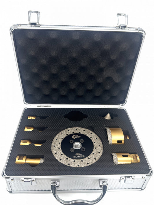 Set carote diamantate pt. gresie portelanata & piatra - diam. 6, 8, 10, 20, 35, 68 (mm), freza conica, disc taiere si ceara PREMIUM - DXDY.GOLDrill.9SET