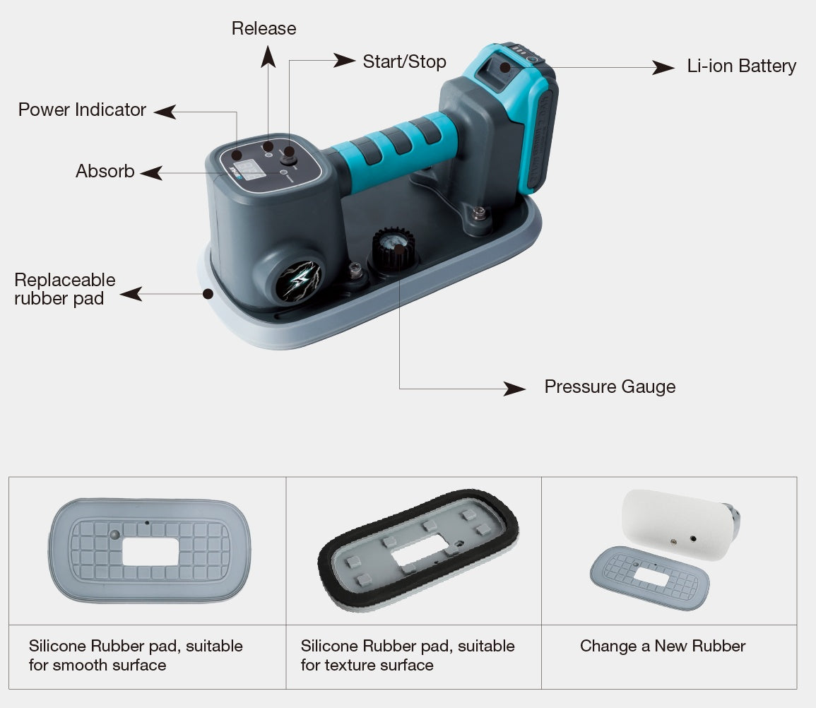Ventuza Vacuum Electrica Automata, afisaj digital si acumulator 21V, pt. placi texturate - capacitate 170kg - BIHUI-LFBSL